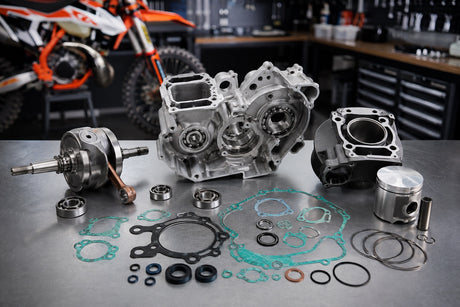 KTM 300 EXC two-stroke engine components arranged for a complete rebuild